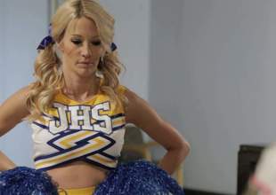 Super sexy blond-haired cheerleader Jessica Drake in sexy uniform gets her huge boobs fucked and her wet pussy eaten out by one fortunate dude. Scott Allen loves her big knockers! Breasty blonde makes his sex dreams consent true!