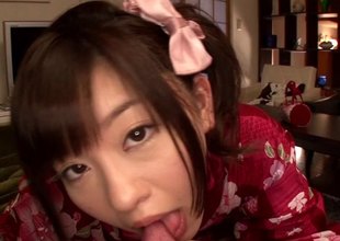 Skirts and kimonos are cute on Japanese teen Mei Hayama as she bonks